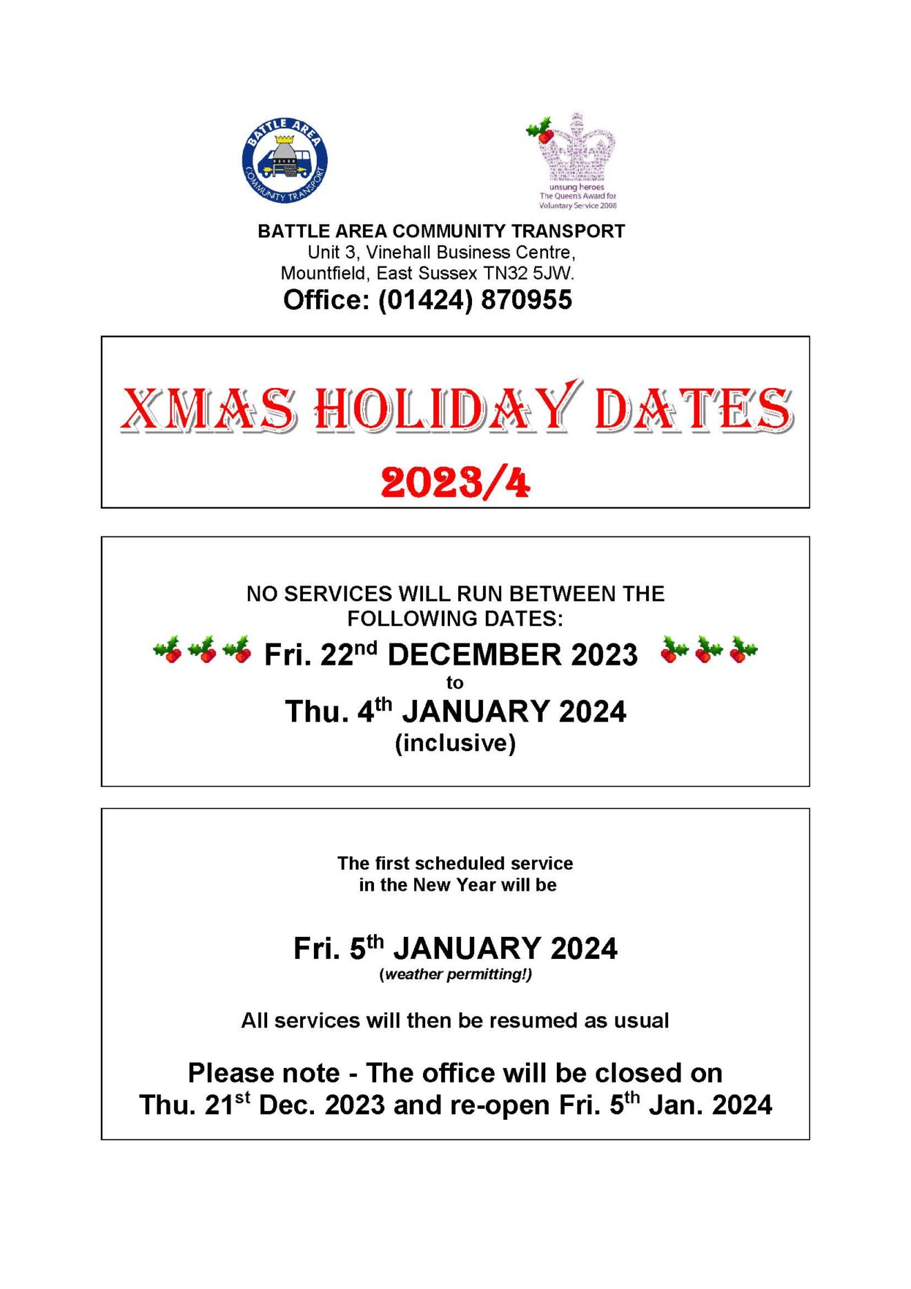 BACT Christmas Holiday Dates