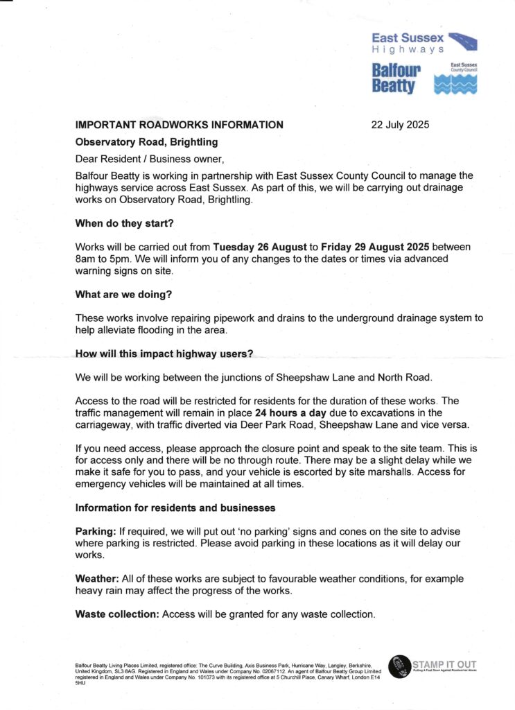 Roadworks Brightling 26.08.25-29.08.25